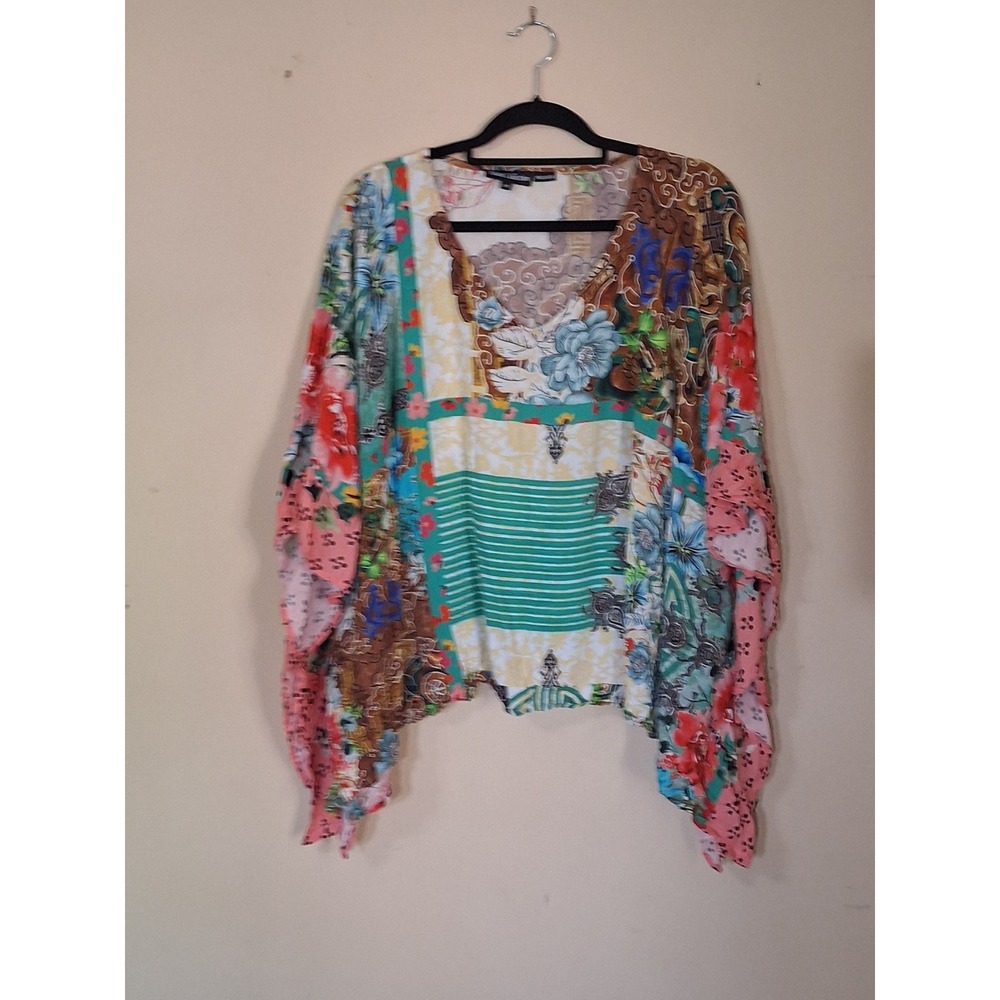 Tolani Collection Patchwork Print Modal Poncho Top Multicolor V-Neck Medium